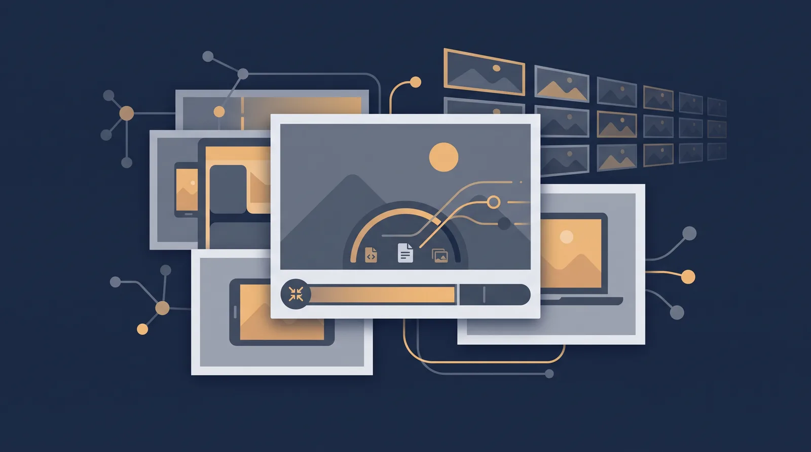 Flat editorial illustration showing layered photo frames with a visible file-size meter and a compression bar, grid of thumbnails receding.