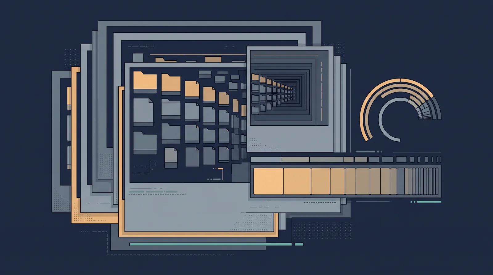 Editorial close-up illustration showing layered photo frames with a visible file-size meter and a compression bar, grid of thumbnails receding.