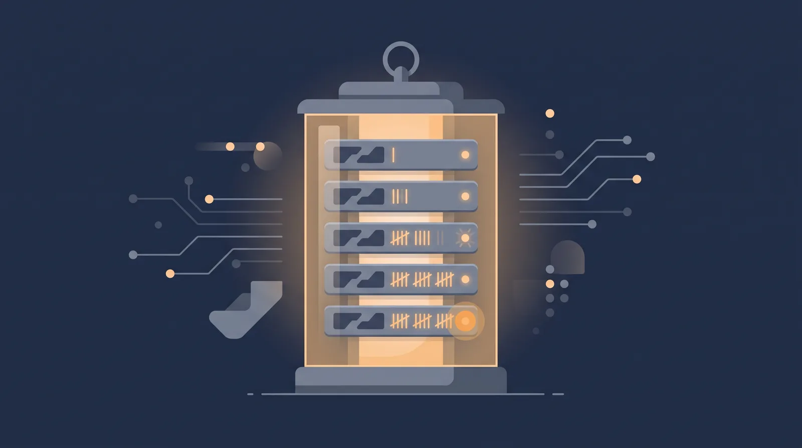Flat editorial illustration showing a lantern-style status readout with a neat row of stacked directory rails, each rail marked with an abstract tally.