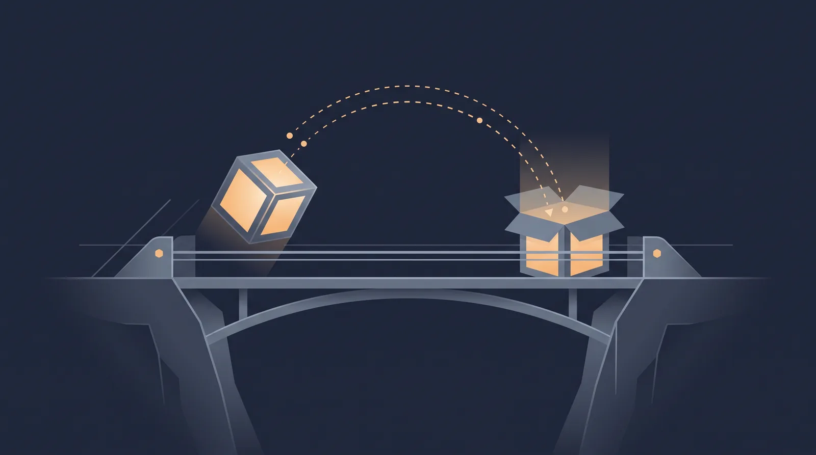 Flat editorial illustration showing two data boxes crossing a bridge with a dotted orbit trail between them, one box accepting the transfer.