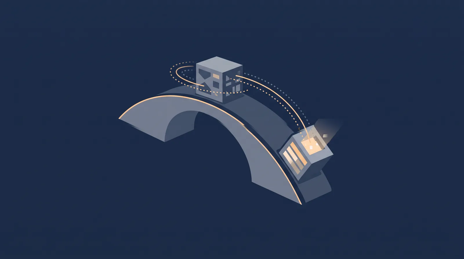 Editorial close-up illustration showing two data boxes crossing a bridge with a dotted orbit trail between them, one box accepting the transfer.