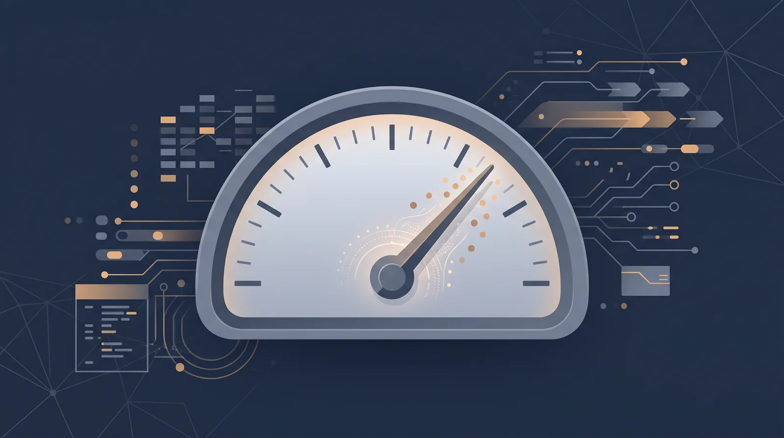 Flat editorial illustration showing a speedometer gauge with a rising needle, clean tick marks and small trailing dots.