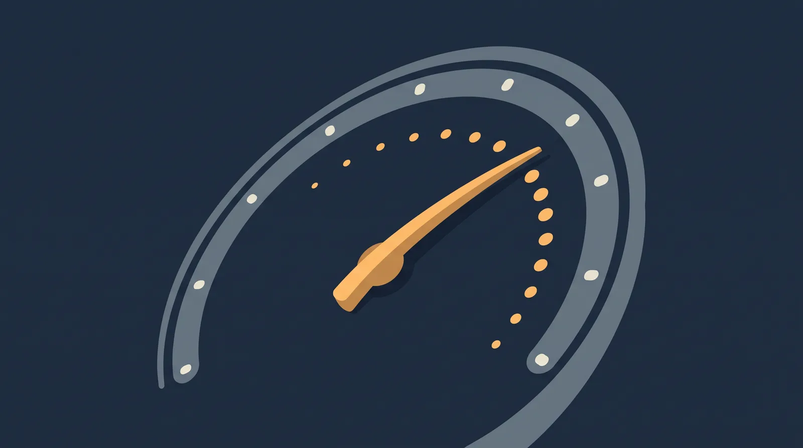 Editorial close-up illustration showing a speedometer gauge with a resting needle, clean tick marks and small trailing dots.