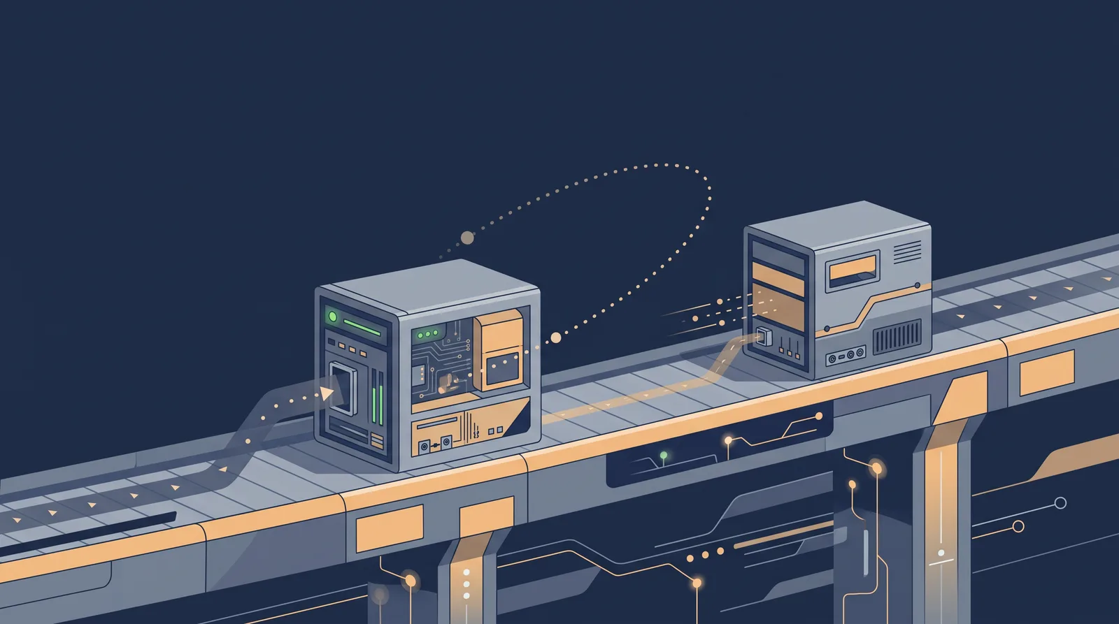Flat editorial illustration showing two data boxes crossing a bridge with a dotted orbit trail between them, one box accepting the transfer.