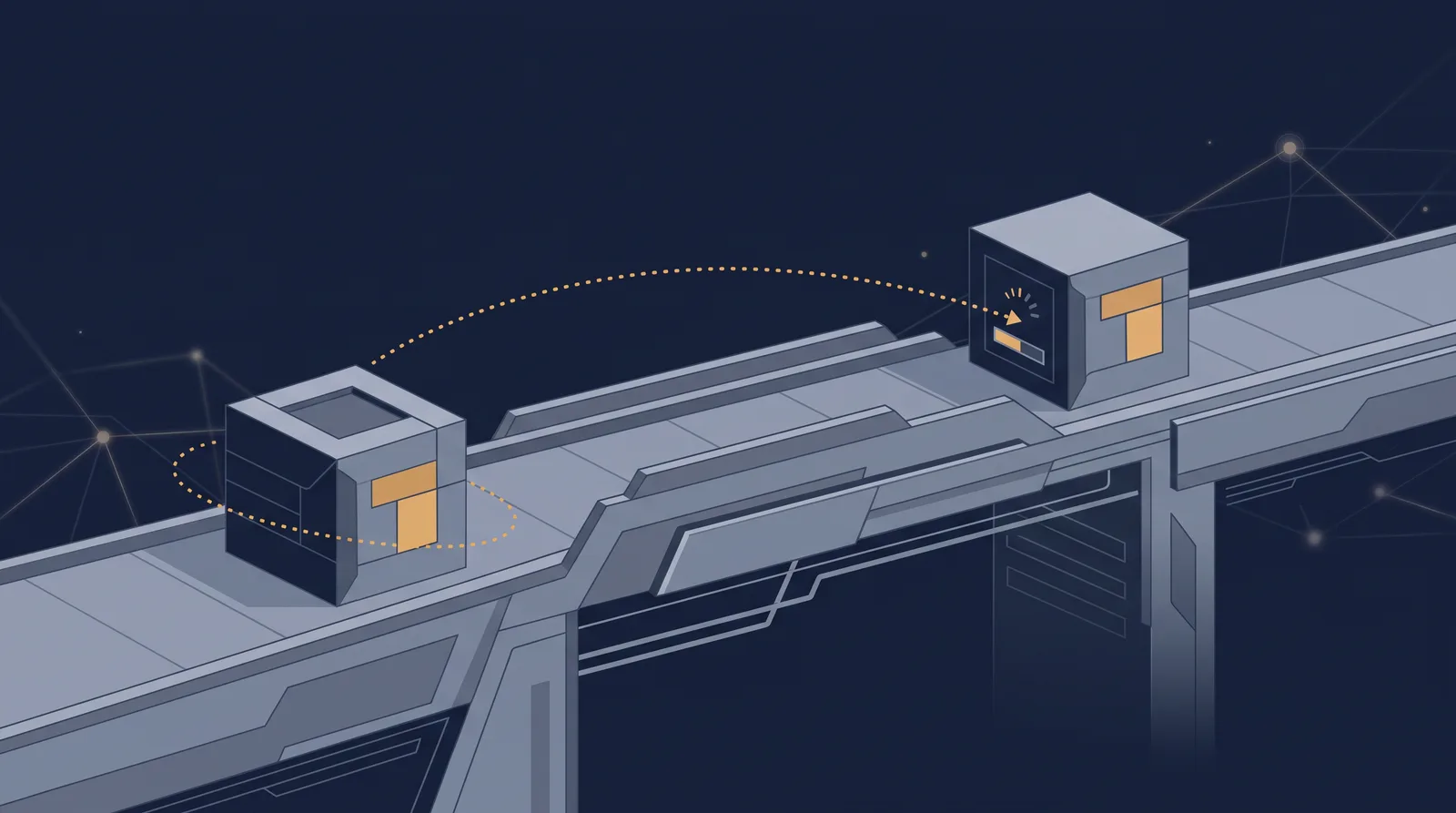 Flat editorial illustration showing two data boxes crossing a bridge with a dotted orbit trail between them, one box accepting the transfer.