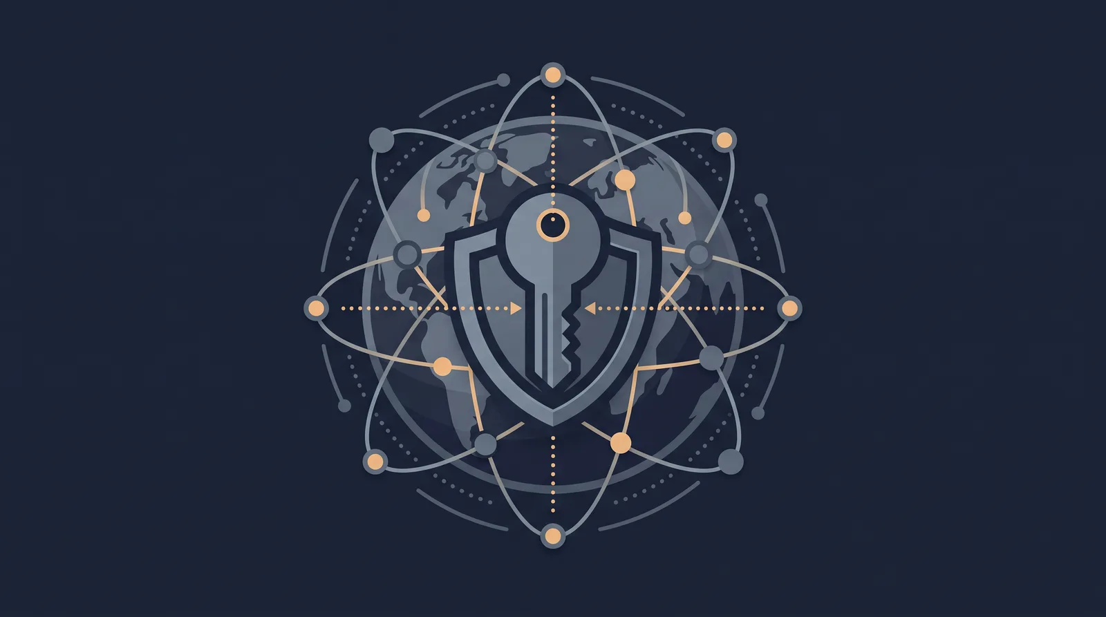 Flat editorial illustration showing a globe of orbiting nodes resolving into a key and shield form, dotted resolution paths converging.