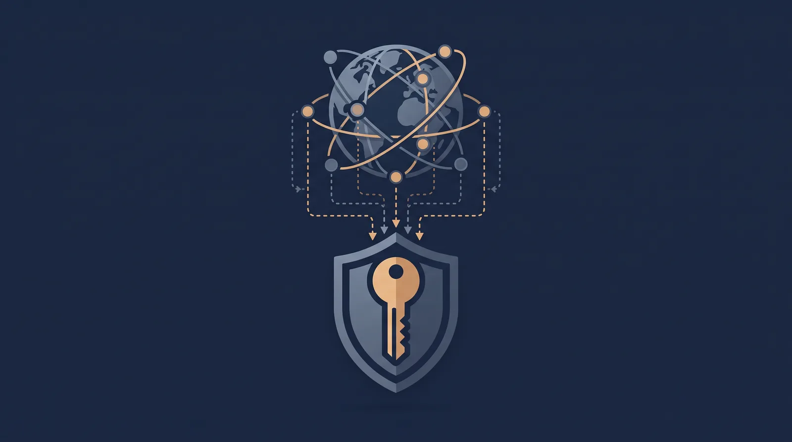 Flat editorial illustration showing a globe of orbiting nodes resolving into a key and shield form, dotted resolution paths converging.