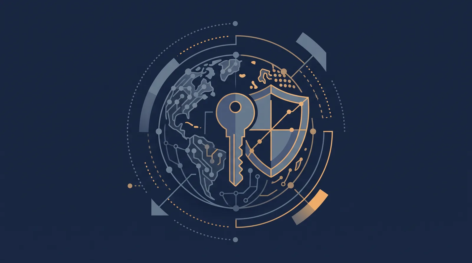 Flat editorial illustration showing a globe of orbiting nodes resolving into a key and shield form, dotted resolution paths converging.