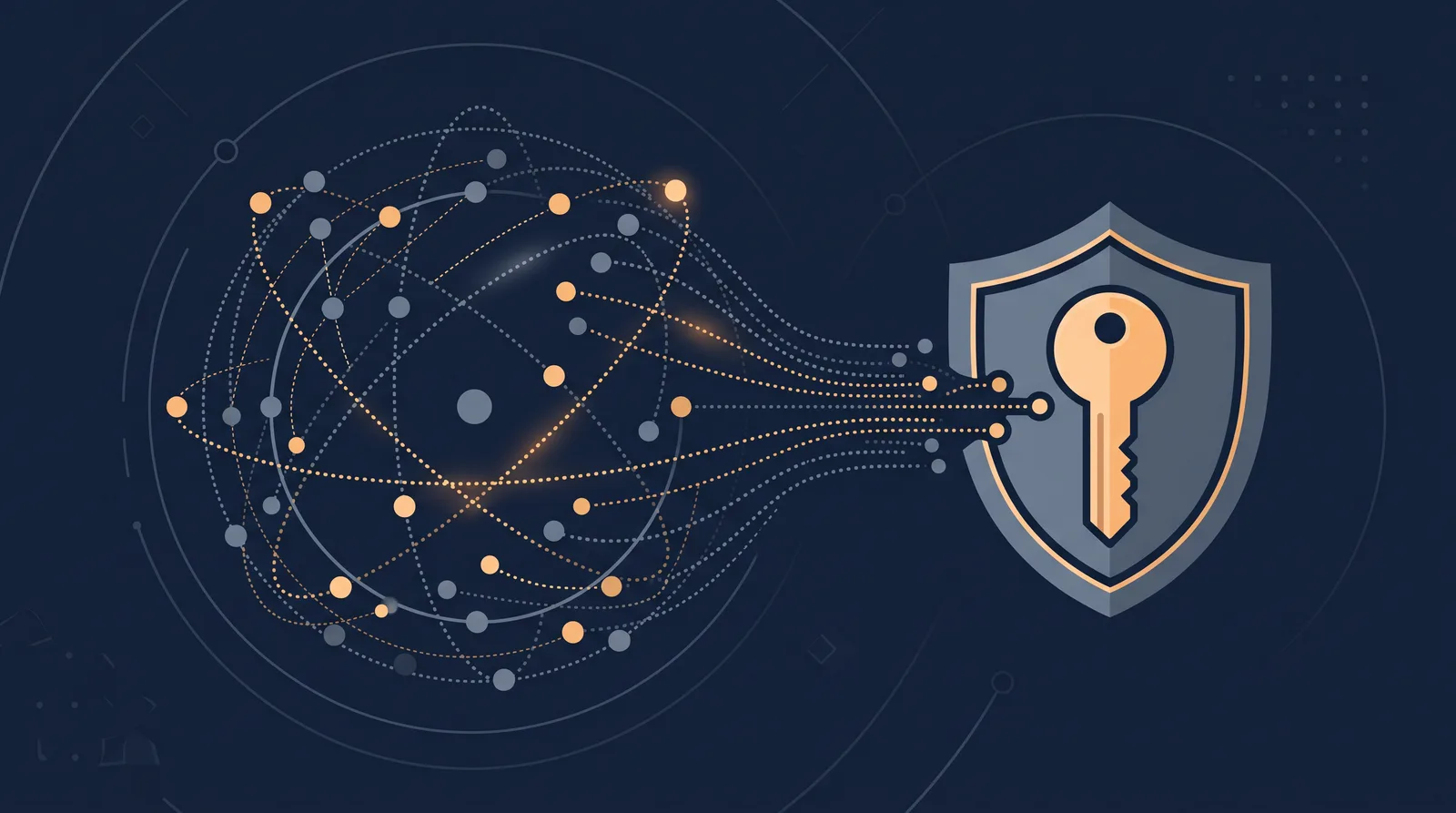 Flat editorial illustration showing a globe of orbiting nodes resolving into a key and shield form, dotted resolution paths converging.