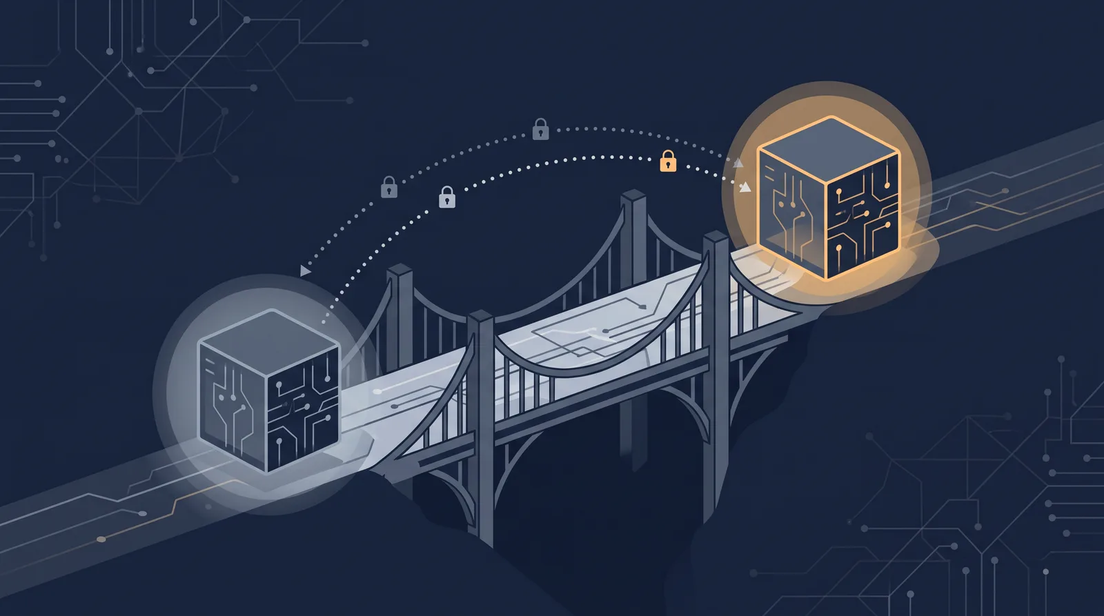 Flat editorial illustration showing two data boxes crossing a bridge with a dotted orbit trail between them, one box accepting the transfer.