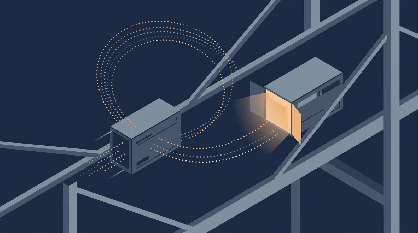 Editorial close-up illustration showing two data boxes crossing a bridge with a dotted orbit trail between them, one box accepting the transfer.