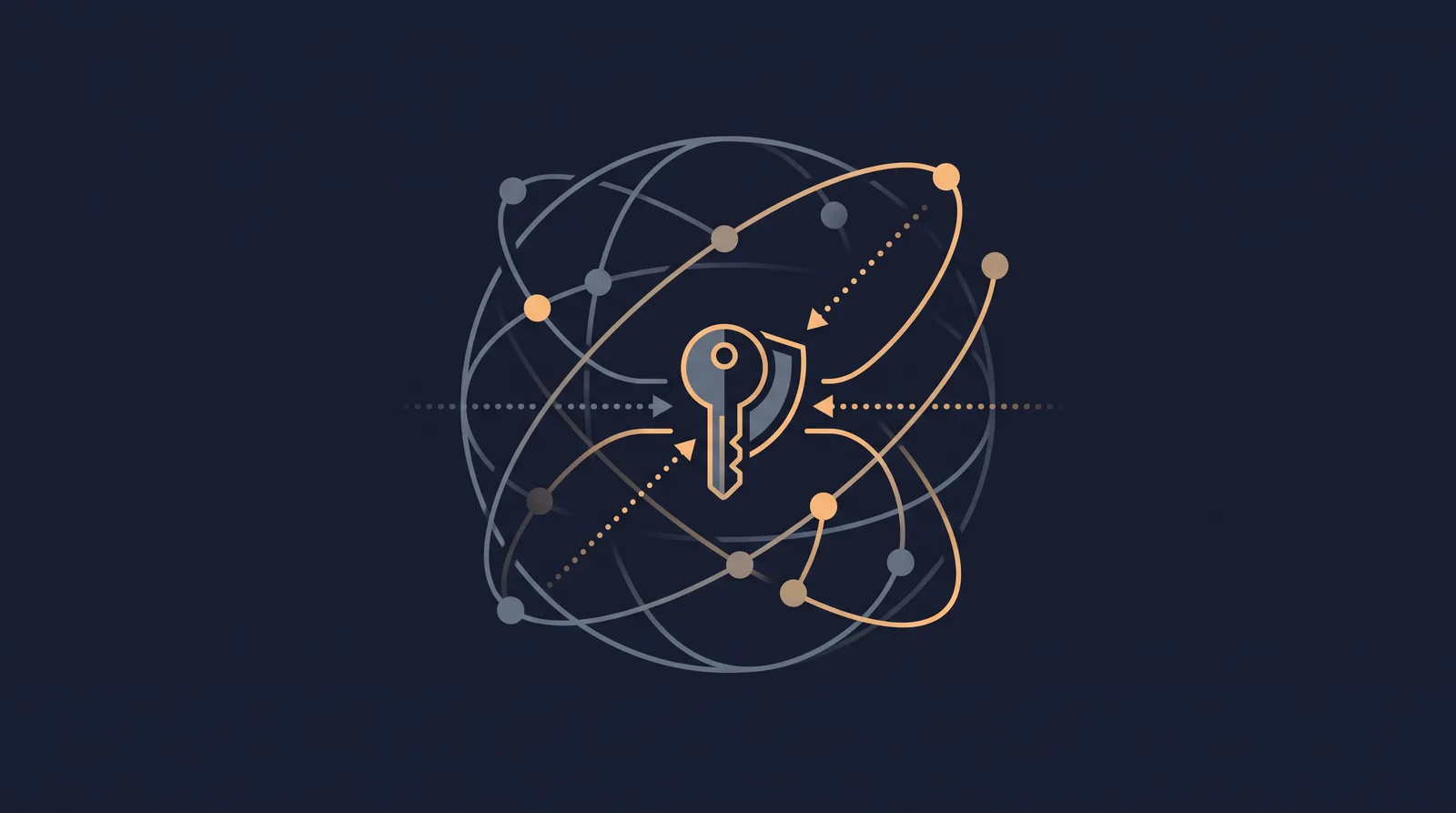 Flat editorial illustration showing a globe of orbiting nodes resolving into a key and shield form, dotted resolution paths converging.