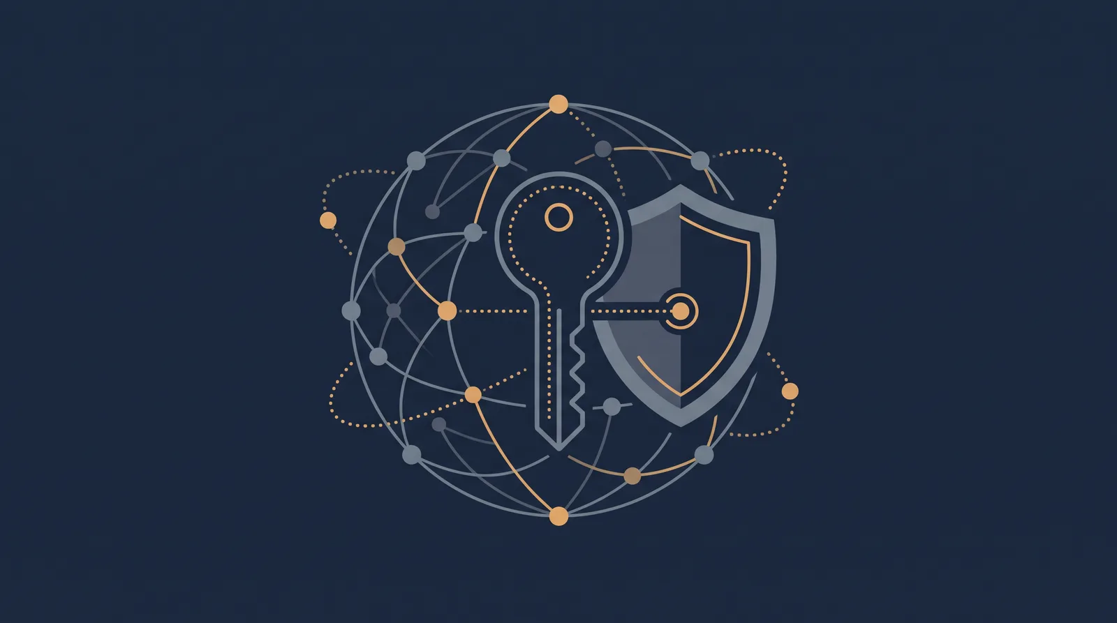 Flat editorial illustration showing a globe of orbiting nodes resolving into a key and shield form, dotted resolution paths converging.