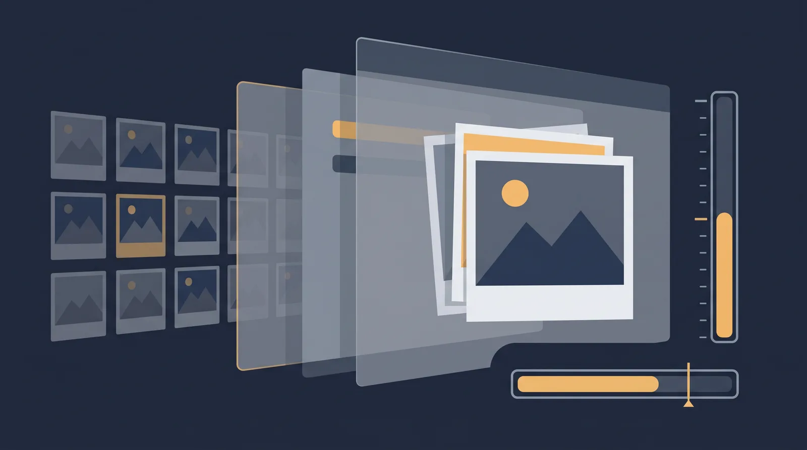 Flat editorial illustration showing layered photo frames with a visible file-size meter and a compression bar, grid of thumbnails receding.