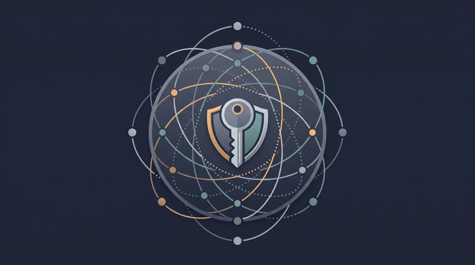 Flat editorial illustration showing a globe of orbiting nodes resolving into a key and shield form, dotted resolution paths converging.