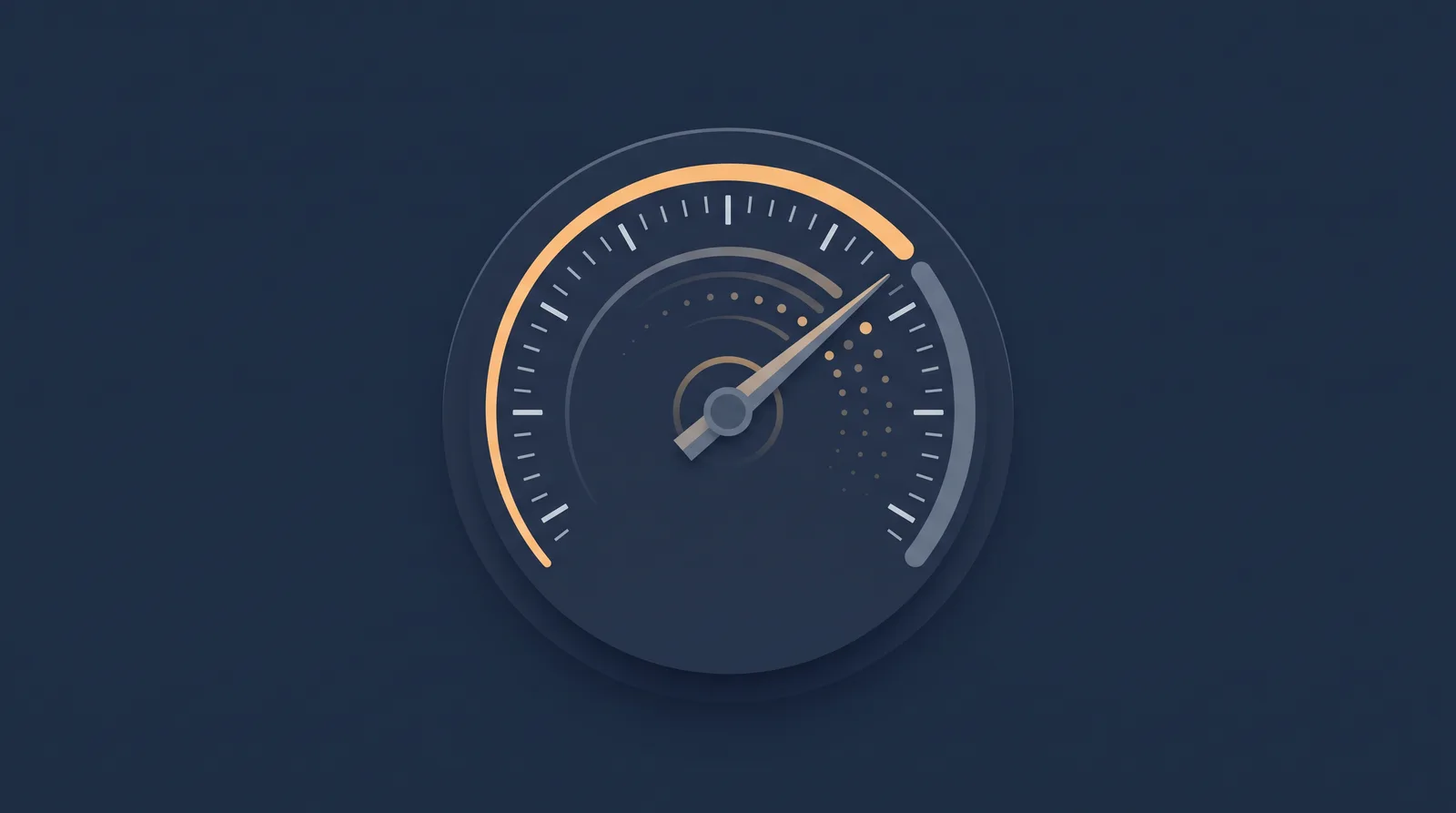 Flat editorial illustration showing a speedometer gauge with a rising needle, clean tick marks and small trailing dots.