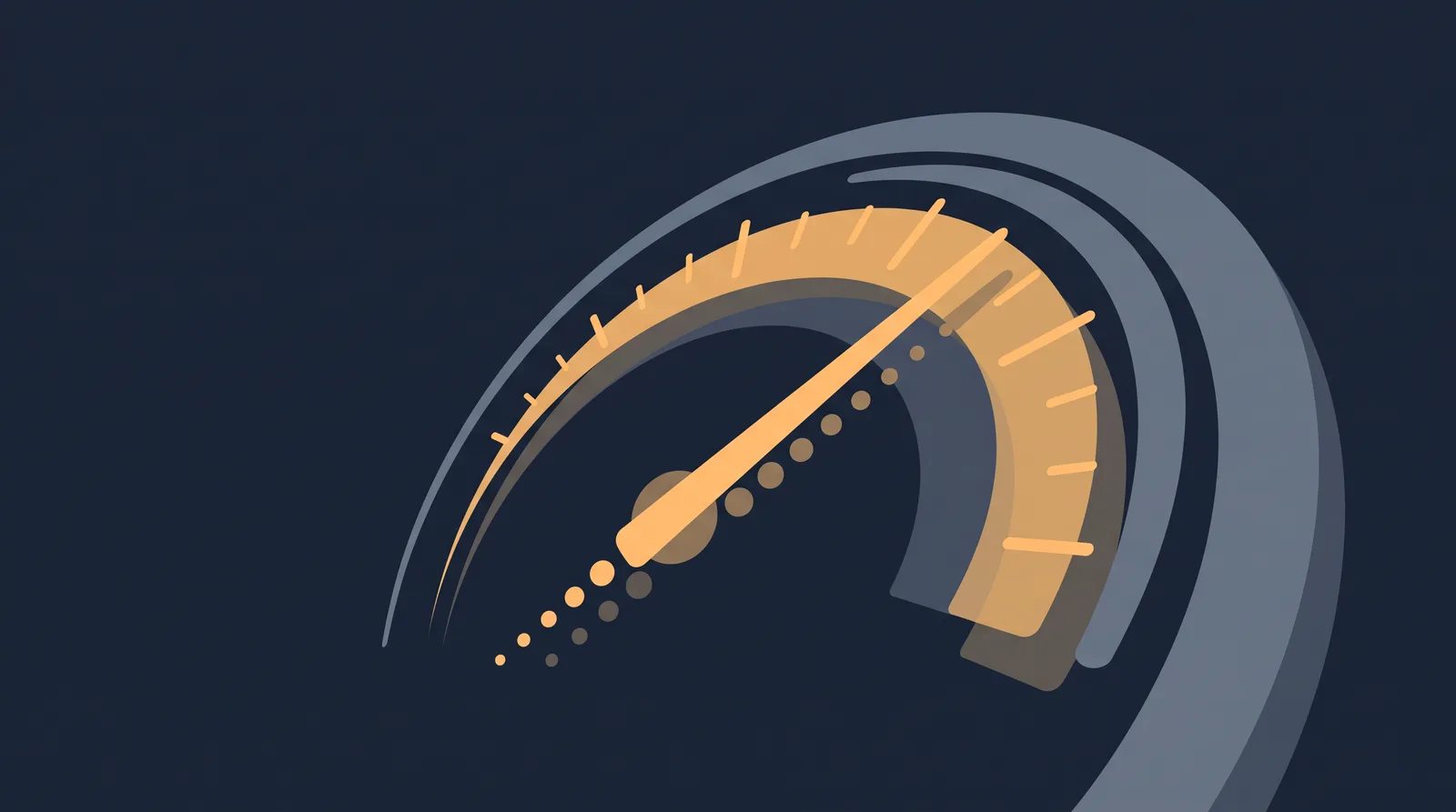 Editorial close-up illustration showing a speedometer gauge with a resting needle, clean tick marks and small trailing dots.
