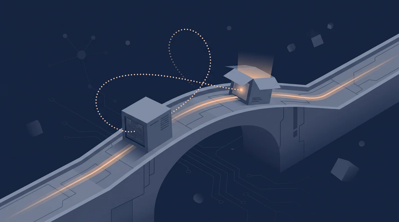 Flat editorial illustration showing two data boxes crossing a bridge with a dotted orbit trail between them, one box accepting the transfer.