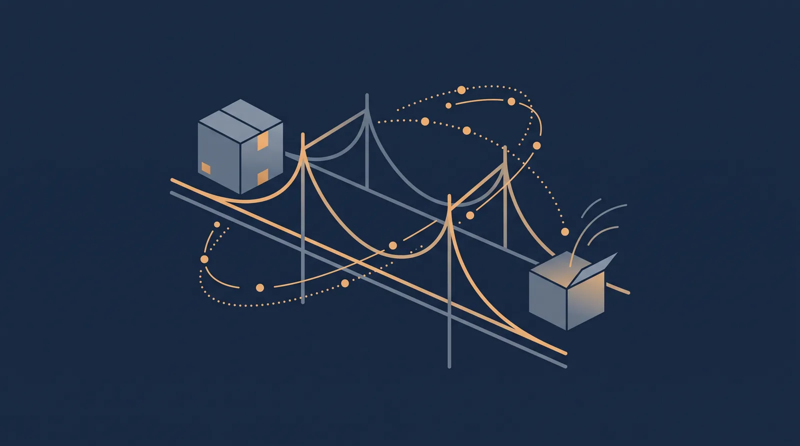 Editorial close-up illustration showing two data boxes crossing a bridge with a dotted orbit trail between them, one box accepting the transfer.