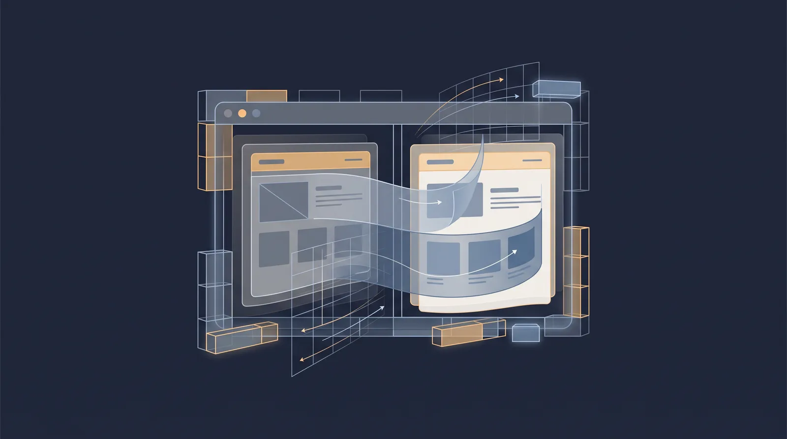 Flat editorial illustration showing wireframe bricks and translucent layer panels assembling into a small browser window outline with dual panes.
