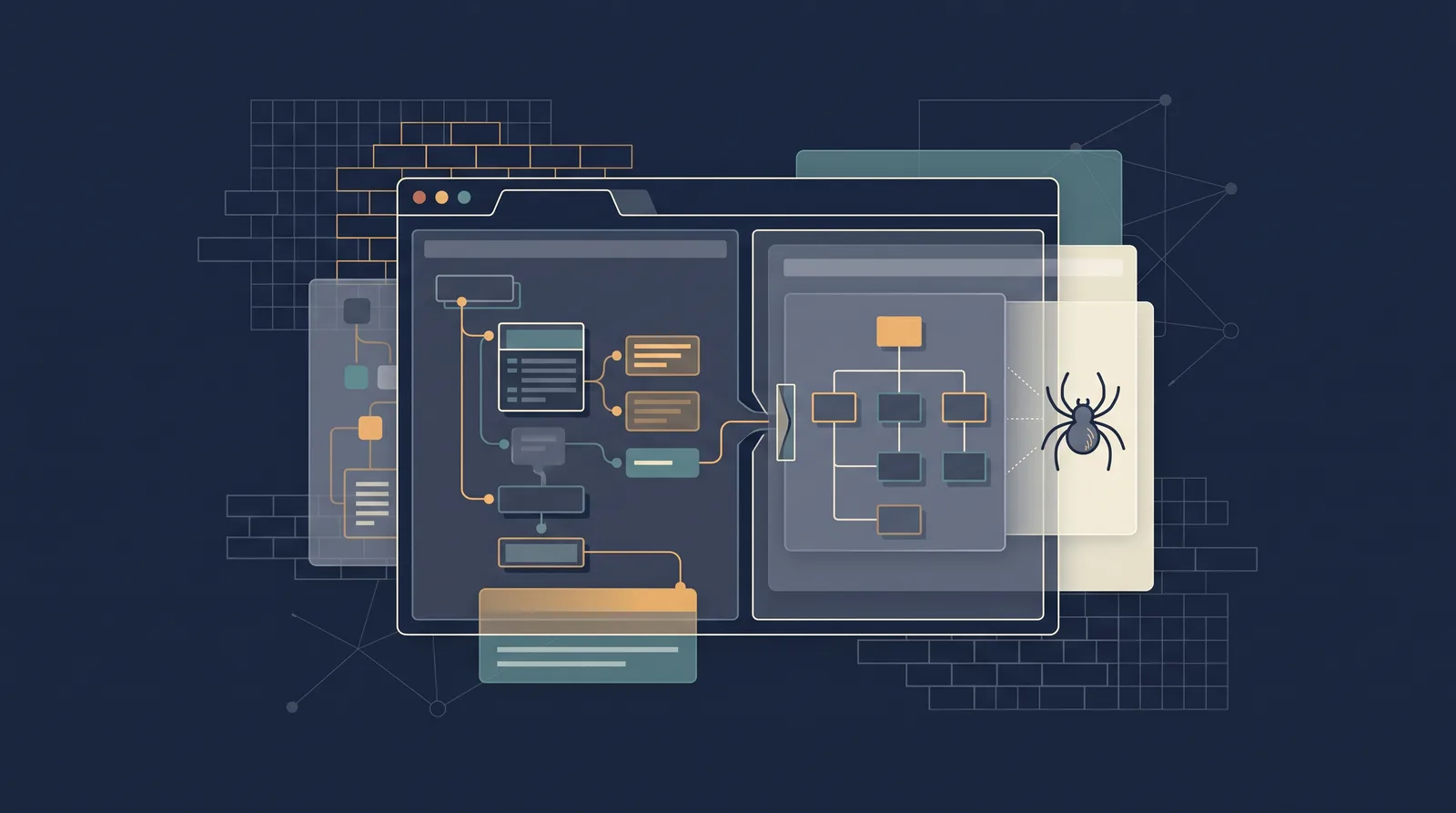 Flat editorial illustration showing wireframe bricks and translucent layer panels assembling into a small browser window outline with dual panes.