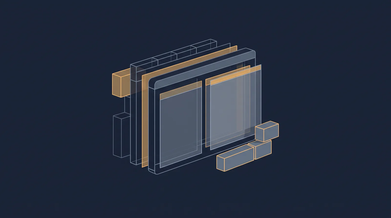 Editorial close-up illustration showing wireframe bricks and translucent layer panels assembling into a small browser window outline with dual panes.