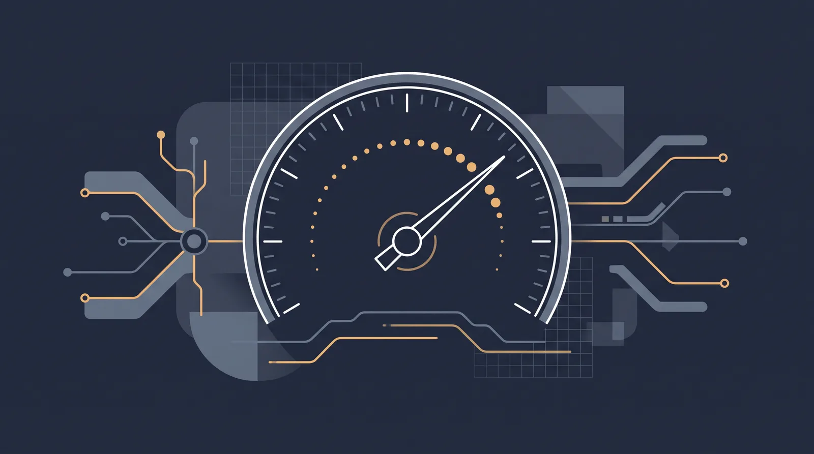 Flat editorial illustration showing a speedometer gauge with a rising needle, clean tick marks and small trailing dots.