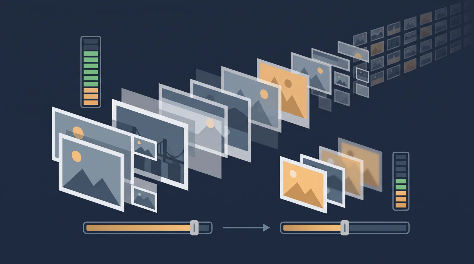 Flat editorial illustration showing layered photo frames with a visible file-size meter and a compression bar, grid of thumbnails receding.