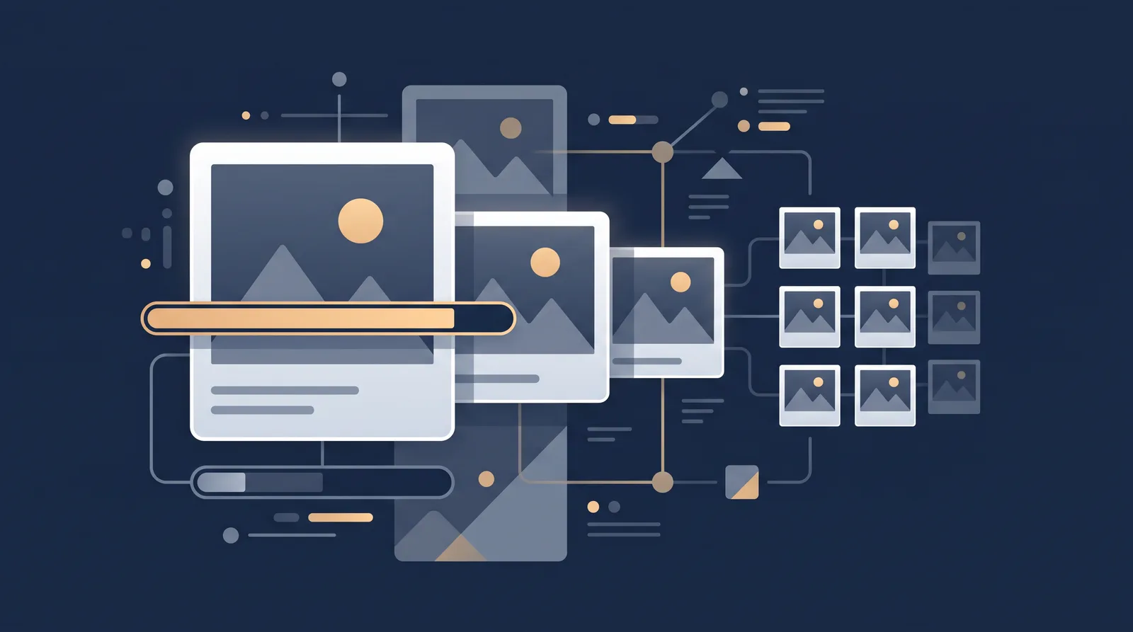 Flat editorial illustration showing layered photo frames with a visible file-size meter and a compression bar, grid of thumbnails receding.