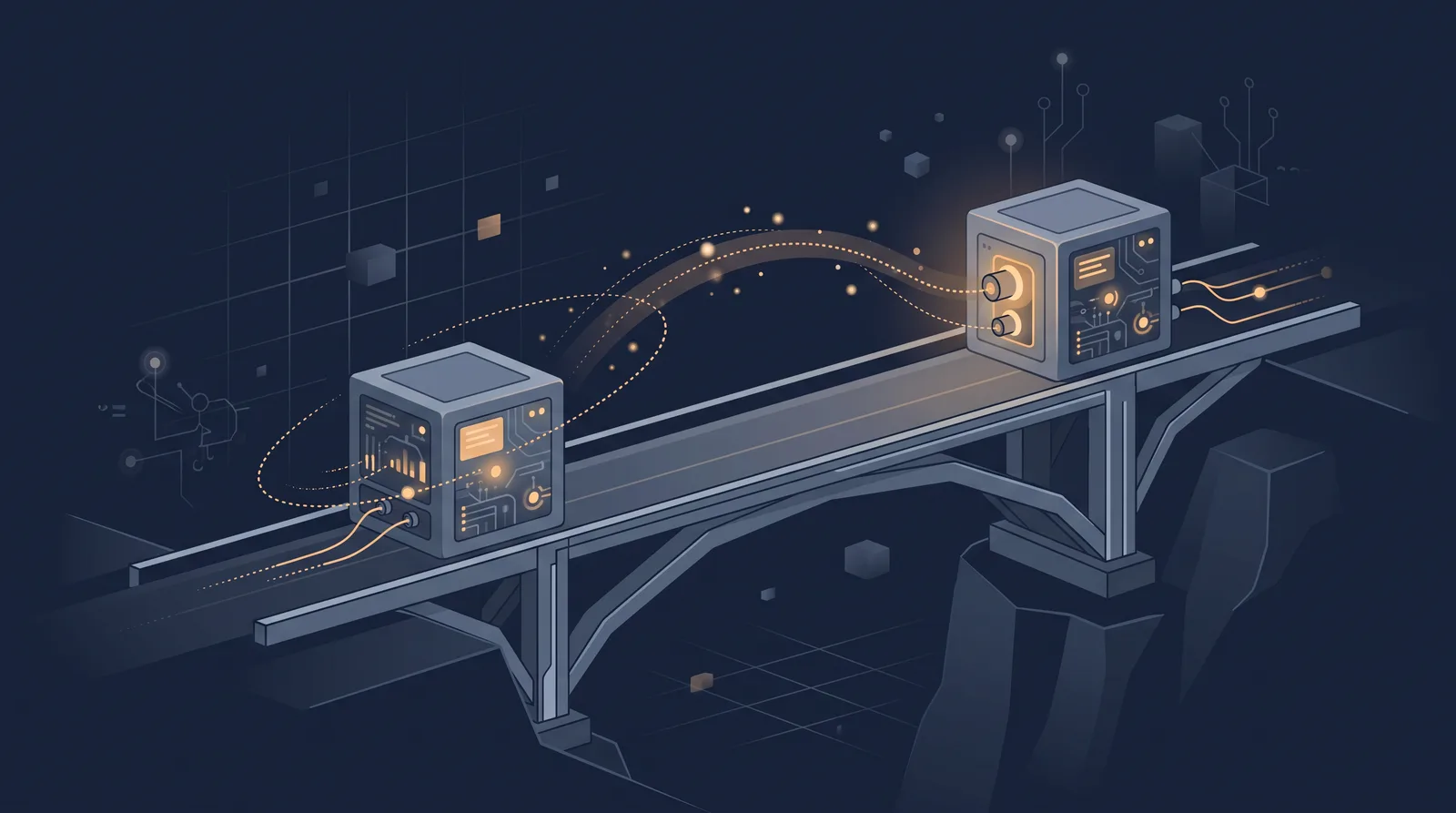 Flat editorial illustration showing two data boxes crossing a bridge with a dotted orbit trail between them, one box accepting the transfer.