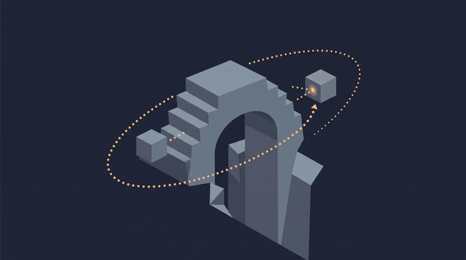 Editorial close-up illustration showing two data boxes crossing a bridge with a dotted orbit trail between them, one box accepting the transfer.
