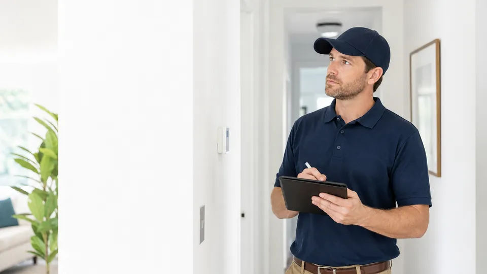 Sample Clean Professional direction: bright property inspection in a modern hallway (demonstration only)